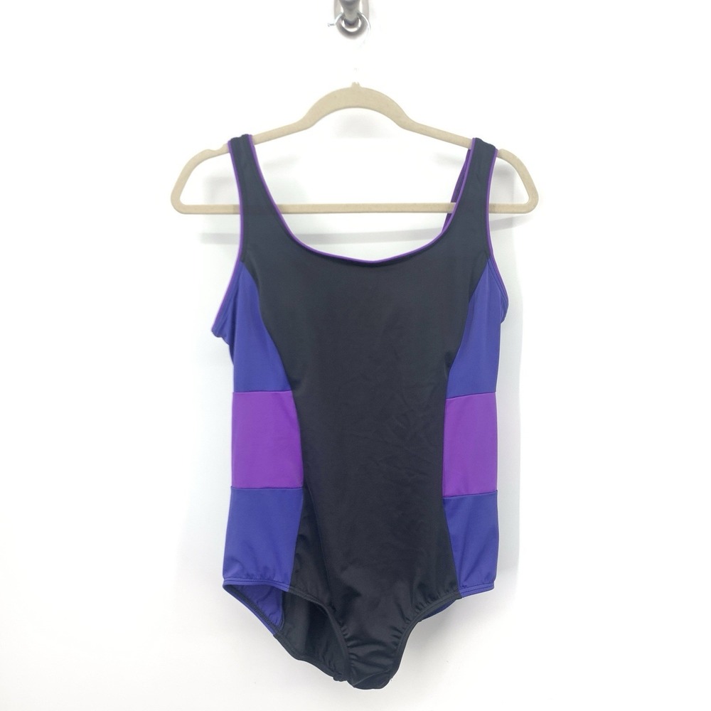 Lands End Women Size 12 Petite Large Bathing Suit One Piece Black Purple Swim